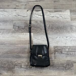 Vintage 90s Perlina Black Leather Crossbody Bag Multi Zip Organizer Minimalist
